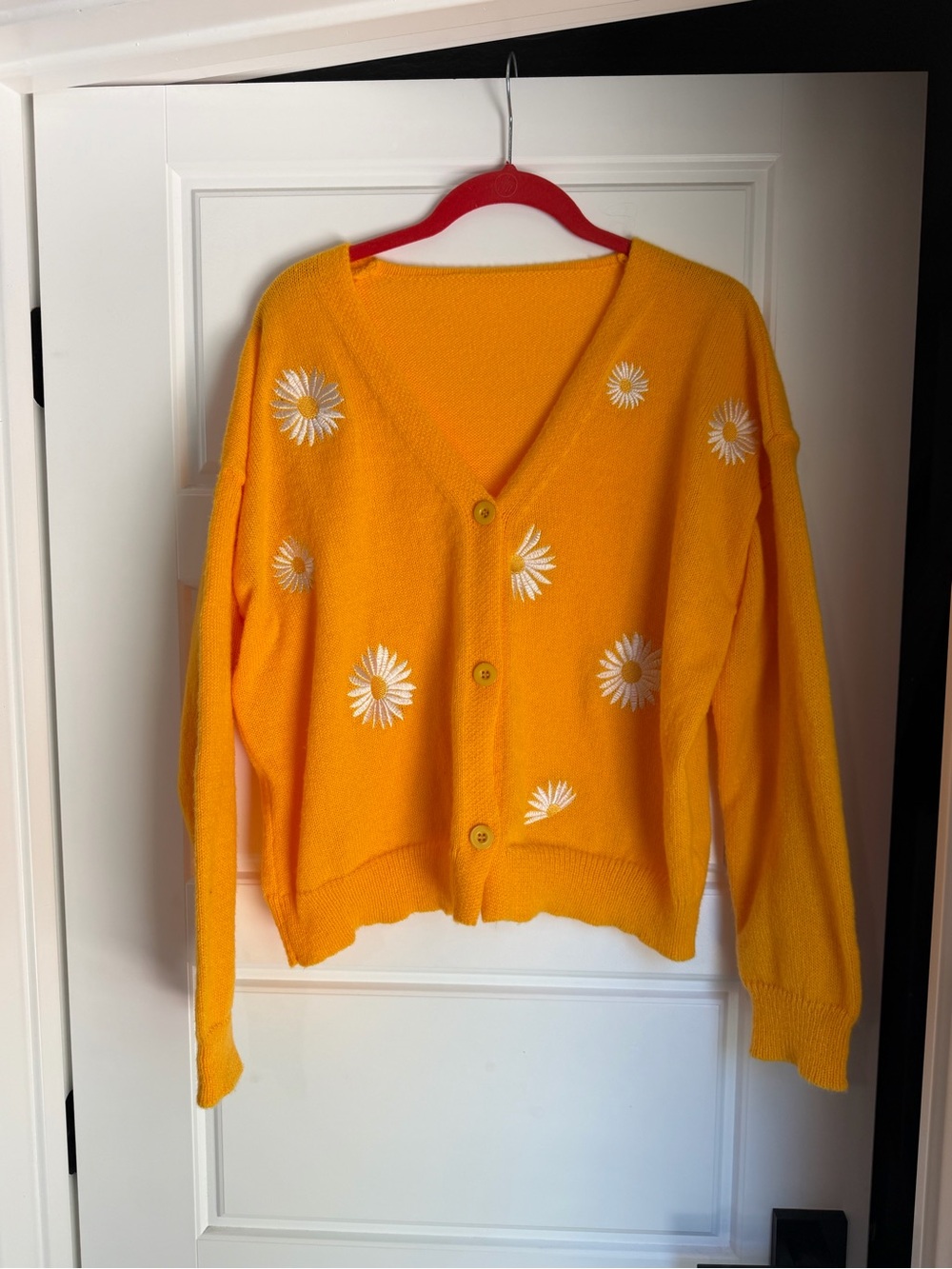 Vintage Bright Yellow Daisy Embroidered V-Neck Cardigan